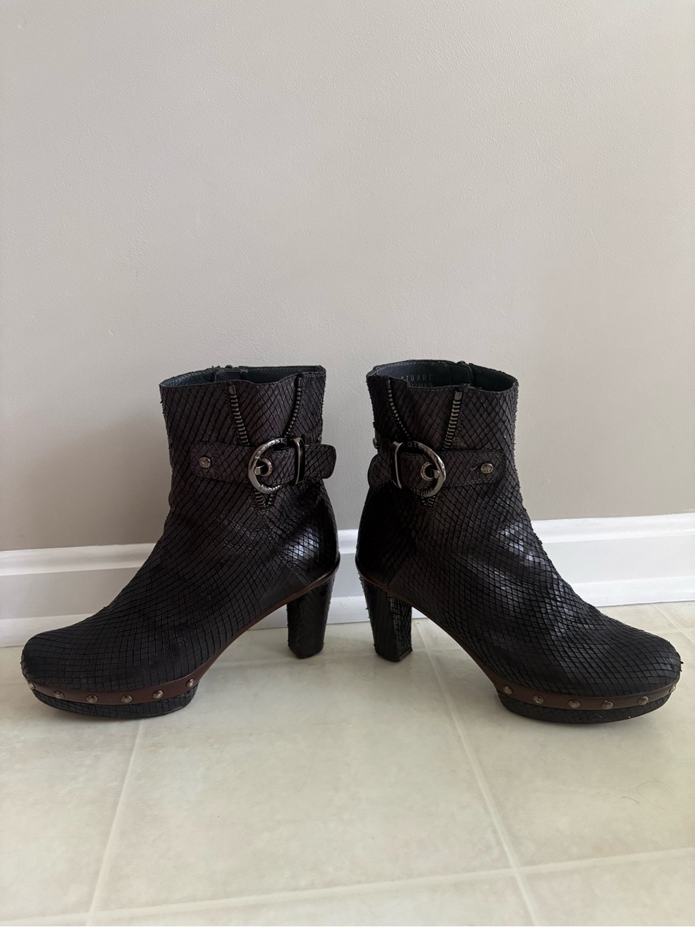 Stuart Weitzman Black Textured Leather Ankle Booties with Buckle Accent